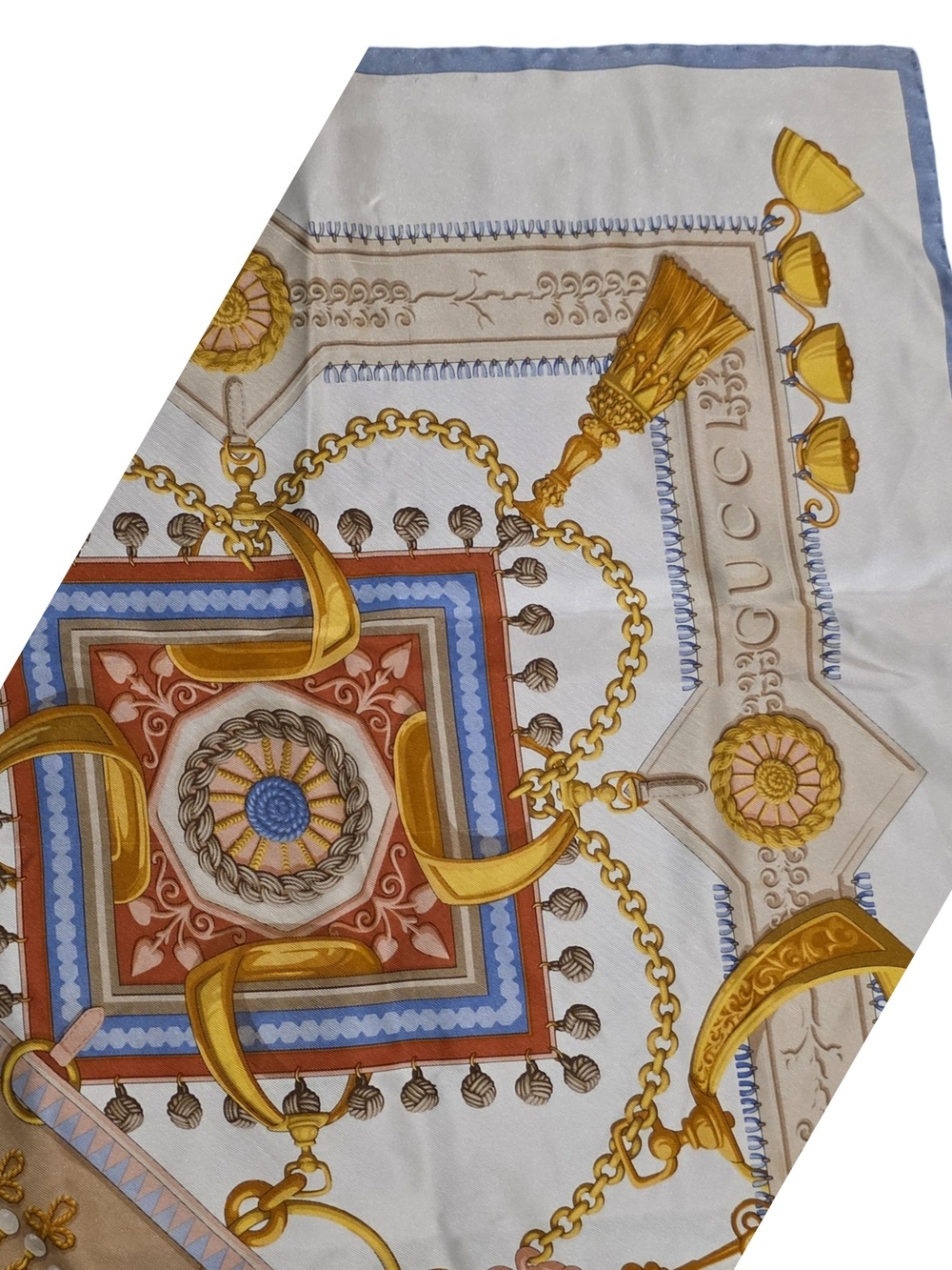GUCCI Silk-Feel Decorative Chain Print Scarf - White, Yellow, Blue - Picture 2 of 6